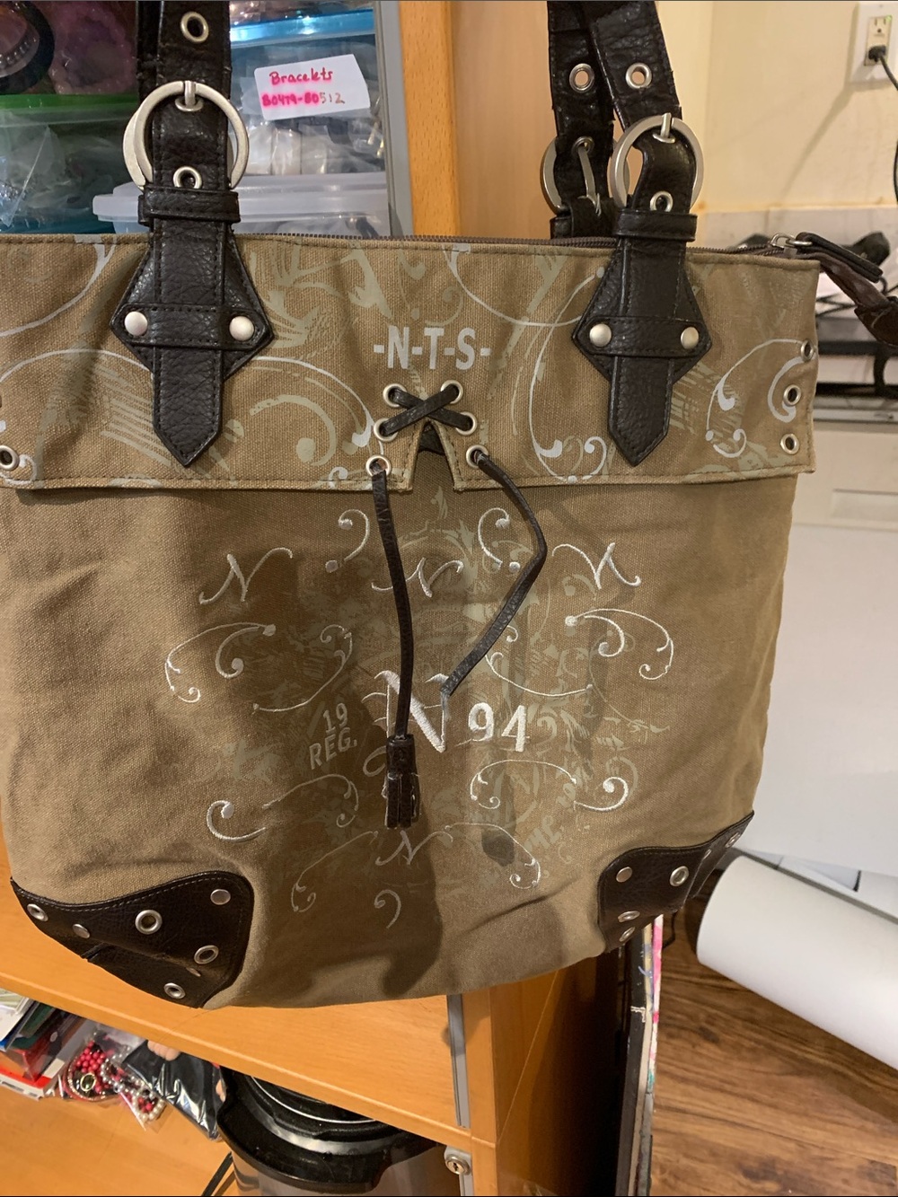 Not the Same Canvas Messenger Tote in Olive Green with Dark Brown Trim